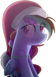 Size: 571x775 | Tagged: safe, artist:kimmyartmlp, imported from derpibooru, oc, oc only, pegasus, pony, christmas, eye clipping through hair, female, hat, holiday, mare, pegasus oc, santa hat, simple background, smiling, solo, transparent background