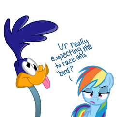 Size: 900x871 | Tagged: safe, artist:kimmyartmlp, imported from derpibooru, rainbow dash, bird, pegasus, pony, 2016, crossover, derp, duo, female, looney tunes, mare, road runner, simple background, tongue out, transparent background, unamused