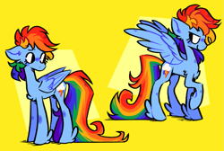 Size: 1015x683 | Tagged: safe, artist:bumblesnail-art, imported from derpibooru, rainbow dash, pegasus, pony, chest fluff, cute, dashabetes, ear fluff, female, floppy ears, leg fluff, mare, profile, simple background, solo, spread wings, wings, yellow background