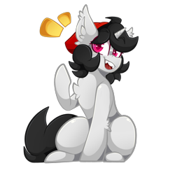 Size: 2000x2000 | Tagged: safe, artist:star-theft, imported from derpibooru, oc, oc only, oc:marcy, pony, unicorn, beanie, eyebrows, eyebrows visible through hair, female, hat, high res, horn, looking at you, mare, open mouth, open smile, raised hoof, simple background, sitting, smiling, smiling at you, solo, transparent background, unicorn oc