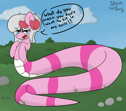 Size: 1550x1369 | Tagged: safe, artist:stemthebug, imported from derpibooru, oc, oc only, oc:aurora wind, hybrid, lamia, original species, pony, snake, snake pony, crying, open mouth, solo, speech bubble, teary eyes