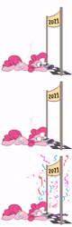 Size: 1800x5600 | Tagged: safe, artist:rocket-lawnchair, imported from derpibooru, pinkie pie, earth pony, pony, 2021, blowing, confetti, finish line, lying down, new year, party horn, prone, solo, tired, wide eyes