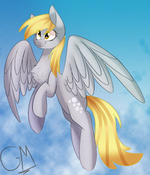 Size: 1024x1198 | Tagged: safe, artist:greenmarta, artist:nightmaregolddraw, imported from derpibooru, derpy hooves, pegasus, pony, chest fluff, collaboration, female, flying, sky, solo, spread wings, wings