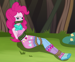 Size: 2000x1656 | Tagged: safe, artist:splendidbondage, imported from derpibooru, pinkie pie, equestria girls, ankle tied, bondage, bound and gagged, breasts, gag, show accurate, solo, vine, vine bondage, vine gag