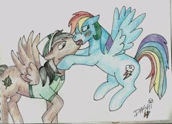 Size: 2264x1638 | Tagged: safe, artist:ebonypegasus, imported from derpibooru, daring do, rainbow dash, pegasus, pony, daringdash, duo, eyes closed, female, french kiss, kissing, lesbian, mare, shipping, spread wings, traditional art, wings