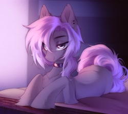 Size: 2542x2259 | Tagged: safe, artist:shenki, imported from derpibooru, oc, oc only, earth pony, pony, bed, collar, ear piercing, earth pony oc, eye clipping through hair, gradient mane, gradient tail, gray coat, gray eyes, high res, lidded eyes, looking at something, lying down, male, oc name needed, on bed, on side, piercing, prone, smiling, solo, tail, trap, unshorn fetlocks