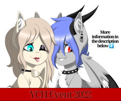 Size: 2481x2076 | Tagged: safe, artist:melodytheartpony, imported from derpibooru, oc, oc only, oc:melody silver, dracony, dragon, earth pony, hybrid, pony, :p, best friends, choker, commission, duo, duo female, fangs, female, fluffy, fundraiser, horns, piercing, pretty, signature, smiling, tongue out, wholesome, ych event, your character here