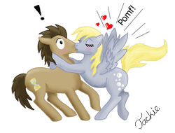 Size: 1024x778 | Tagged: safe, artist:ebonypegasus, imported from derpibooru, derpy hooves, doctor whooves, time turner, pony, blushing, doctorderpy, duo, exclamation point, eyes closed, female, heart, kissing, male, onomatopoeia, pomf, shipping, simple background, spread wings, straight, surprised, transparent background, wingboner, wings