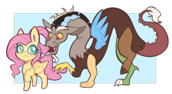 Size: 3241x1772 | Tagged: safe, artist:lunarunah, imported from derpibooru, discord, fluttershy, draconequus, pegasus, pony, blushing, duo, duo male and female, female, high res, looking at each other, looking at someone, male, mare, open mouth, open smile, quadrupedal, simple background, smiling, smiling at each other