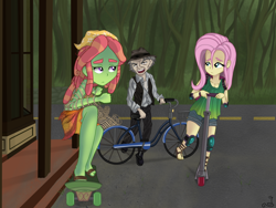 Size: 2048x1536 | Tagged: safe, artist:blackdeathhatter, imported from derpibooru, fluttershy, tree hugger, equestria girls, bicycle, equestria girls-ified, female, friday the 13th, male, ralph neeley, road, scooter, skateboard, story included, trio