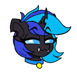 Size: 2000x2000 | Tagged: safe, artist:sickly-sour, imported from derpibooru, oc, oc only, oc:♪, changeling, :3, blue changeling, changeling oc, collar, eyebrows, eyebrows visible through hair, fangs, simple background, smiling, smug, solo