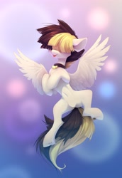 Size: 2813x4096 | Tagged: safe, alternate version, artist:n_thing, artist:shenki, imported from derpibooru, songbird serenade, pegasus, pony, my little pony: the movie, abstract background, belly button, collaboration, collar, cute, featureless crotch, female, floppy ears, flying, hair over eyes, high res, hock fluff, hooves to the chest, mare, missing accessory, solo, songbetes, spread legs, spread wings, spreading, tail, tongue out, two toned mane, two toned tail, wings