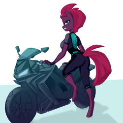 Size: 4000x4000 | Tagged: safe, artist:shooshaa, imported from derpibooru, tempest shadow, anthro, unguligrade anthro, unicorn, absurd resolution, broken horn, female, frown, horn, motorcycle, simple background, solo, white background