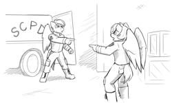 Size: 5000x3000 | Tagged: safe, artist:captainhoers, imported from derpibooru, oc, oc only, oc:dual screen, oc:rainbow code, anthro, pegasus, plantigrade anthro, 60s spider-man, duo, grayscale, meme, monochrome, pointing, ponified meme