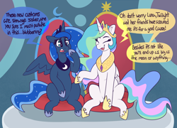 Size: 4812x3474 | Tagged: safe, artist:graphenescloset, imported from derpibooru, princess celestia, princess luna, alicorn, pony, series:luna's blubbering, absurd resolution, confused, dialogue, duo, duo female, eye clipping through hair, eyebrows, eyebrows visible through hair, eyes closed, female, frown, implied mane six, incentive drive, mare, open mouth, open smile, royal sisters, siblings, sisters, sitting, smiling, speech bubble, talking, this will end in weight gain, throne, throne room, weight gain sequence