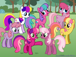 Size: 1024x768 | Tagged: safe, artist:andromendaskies, imported from derpibooru, cheerilee, cheerilee (g3), gem blossom, puzzlemint, sweet berry, sweetberry, earth pony, pony, unicorn, adorablossom, cheeribetes, cute, female, field, g2, g2 to g4, g3, g3 cheeribetes, g3 to g4, g4, generation leap, generational ponidox, generations, grass, grass field, grin, group, mare, open mouth, open smile, puzzlebetes, raised hoof, raised leg, smiling, sweet sweet berry, sweet sweetberry