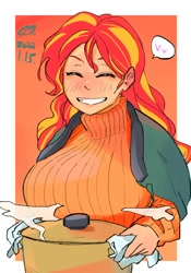 Size: 1400x2000 | Tagged: safe, artist:sozglitch, imported from derpibooru, sunset shimmer, human, big breasts, blushing, breasts, busty sunset shimmer, clothes, eyes closed, female, grin, heart, huge breasts, humanized, pictogram, pot, smiling, solo, sweater, sweater puppies, turtleneck