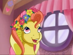 Size: 304x228 | Tagged: safe, imported from derpibooru, screencap, gem blossom, earth pony, pony, the princess promenade, adorablossom, curtains, cute, female, floral head wreath, flower, flower hat, flower in hair, g3, g3betes, happy, indoors, mare, open mouth, open smile, smiling, solo, window, wreath