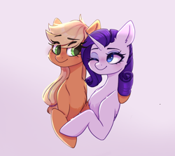 Size: 1840x1634 | Tagged: safe, artist:_alixxie_, imported from derpibooru, applejack, rarity, earth pony, pony, unicorn, blushing, chest fluff, duo, female, one eye closed, rarijack, shipping, simple background, smiling, snuggling, wink