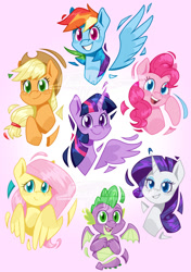 Size: 1280x1823 | Tagged: safe, artist:imaplatypus, imported from derpibooru, applejack, fluttershy, pinkie pie, rainbow dash, rarity, spike, twilight sparkle, alicorn, dragon, earth pony, pegasus, pony, unicorn, female, group shot, male, mane seven, mane six, mare, simple background, smiling, twilight sparkle (alicorn), watermark, winged spike, wings