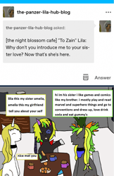 Size: 1171x1812 | Tagged: safe, artist:ask-luciavampire, imported from derpibooru, oc, pegasus, pony, undead, unicorn, vampire, ask, ask ponys gamer club, cafe, food, tumblr