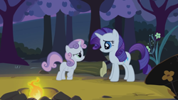 Size: 1920x1080 | Tagged: safe, imported from derpibooru, screencap, rarity, sweetie belle, pony, unicorn, sisterhooves social, campfire, night