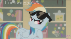 Size: 1280x718 | Tagged: safe, edit, edited screencap, imported from derpibooru, screencap, rainbow dash, pegasus, pony, the mysterious mare do well, female, hub logo, logo, pmv, solo, sugarcube corner, sunglasses, swag, the hub