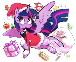 Size: 1266x1029 | Tagged: safe, artist:fuyugi, imported from derpibooru, twilight sparkle, alicorn, pony, bag, bowtie, candy, candy cane, christmas, christmas tree, clothes, costume, cute, food, gingerbread man, hat, holiday, merry christmas, misspelling, open mouth, ornament, present, santa costume, santa hat, simple background, solo, stars, text, tree, twiabetes, twilight sparkle (alicorn)