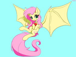 Size: 1280x960 | Tagged: safe, artist:tinybenz, imported from derpibooru, fluttershy, bat pony, pony, apple, bat ponified, blue background, cute, female, flutterbat, food, large wings, mare, race swap, shyabates, shyabetes, simple background, solo, spread wings, wings