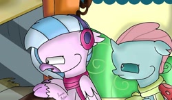 Size: 1024x599 | Tagged: safe, artist:beesmeliss, imported from derpibooru, ocellus, silverstream, changedling, changeling, chibi, clothes, earmuffs, scarf