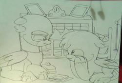 Size: 1280x876 | Tagged: safe, artist:beesmeliss, imported from derpibooru, gallus, grampa gruff, griffon, chibi, lying down, monochrome, prone, traditional art