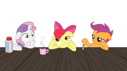 Size: 3000x1688 | Tagged: safe, artist:valadrem, imported from derpibooru, apple bloom, scootaloo, sweetie belle, pony, ponyville confidential, season 2, .svg available, coffee mug, cutie mark crusaders, female, filly, foal, mug, pencil, simple background, transparent background, vector