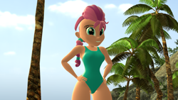 Size: 1920x1080 | Tagged: safe, artist:mr.uberrebu25, imported from derpibooru, sunny starscout, equestria girls, 3d, beach, beach babe, blue swimsuit, breasts, busty sunny starscout, clothes, equestria girls-ified, g5, g5 to equestria girls, hand on hip, my little pony: a new generation, one-piece swimsuit, solo, swimsuit