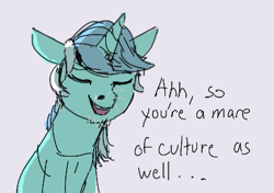 Size: 421x296 | Tagged: source needed, useless source url, safe, artist:rhorse, lyra heartstrings, pony, unicorn, aggie.io, dialogue, eyes closed, female, horn, mare, meme, open mouth, simple background, smiling, solo, talking to viewer, whiskers