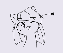 Size: 325x274 | Tagged: source needed, useless source url, safe, artist:anonymous, limestone pie, earth pony, pony, aggie.io, female, hair over one eye, mare, monochrome, one eye closed, simple background, smiling, solo, stars, wink