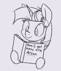 Size: 289x336 | Tagged: source needed, useless source url, safe, artist:firecracker, twilight sparkle, pony, unicorn, aggie.io, book, female, horn, implied arson, mare, monochrome, reading, simple background, smiling, solo, unicorn twilight