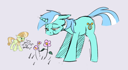 Size: 780x431 | Tagged: source needed, useless source url, safe, artist:firecracker, artist:hattsy, junebug, lyra heartstrings, earth pony, pony, unicorn, aggie.io, angry, dialogue, eating, female, flower, mare, open mouth, simple background, smiling, yelling