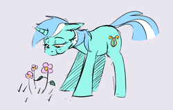 Size: 676x431 | Tagged: source needed, useless source url, safe, artist:hattsy, lyra heartstrings, pony, unicorn, aggie.io, eating, female, flower, horn, lidded eyes, mare, simple background, smiling, solo