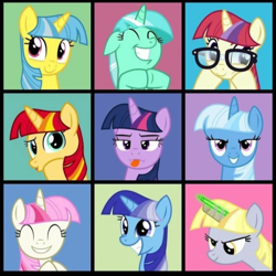 Size: 720x721 | Tagged: safe, imported from derpibooru, derpy hooves, lyra heartstrings, moondancer, sunset shimmer, trixie, twilight sparkle, alicorn, pony, unicorn, equestria girls, eyes closed, instagram, the brady bunch, tongue out, twilight clones, twilight sparkle (alicorn)