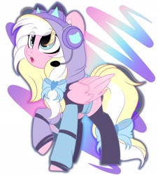 Size: 1853x2048 | Tagged: safe, artist:emberslament, imported from derpibooru, oc, oc only, oc:bay breeze, pegasus, pony, bow, clothes, hair bow, headset, open mouth, socks, solo, tail, tail bow, thigh highs