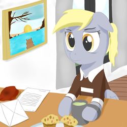 Size: 2000x2000 | Tagged: safe, artist:squishment, derpy hooves, pegasus, clothes, frown, high res, mare, ponytail, solo