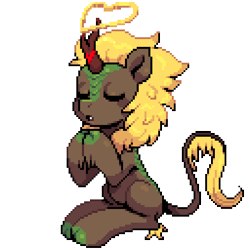 Size: 640x640 | Tagged: safe, artist:hikkage, imported from ponybooru, oc, oc only, oc:sunny glow, kirin, ambiguous gender, cloven hooves, commission, eyes closed, heart, hooves together, horn, kirin oc, open mouth, pixel art, praying, simple background, sitting, solo, transparent background