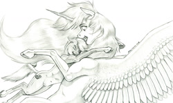 Size: 1500x892 | Tagged: safe, artist:baron engel, imported from derpibooru, princess celestia, oc, oc:heartbreaker, alicorn, earth pony, pony, belly button, female, horn, hug, mare, monochrome, pencil drawing, story included, tackle, traditional art, wings