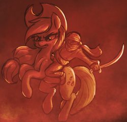 Size: 2410x2315 | Tagged: safe, artist:t72b, imported from derpibooru, applejack, oc, oc:anon, earth pony, human, pony, applejack's hat, cowboy hat, galloping, hat, humans riding ponies, limited palette, rearing, riding, saber, sword, weapon