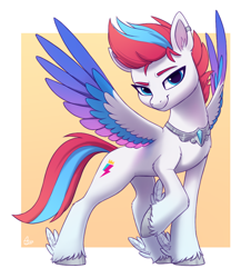 Size: 850x940 | Tagged: safe, artist:luminousdazzle, imported from derpibooru, zipp storm, pegasus, pony, alternate design, ear fluff, ear piercing, earring, eyebrows, eyelashes, feathered fetlocks, female, g5, jewelry, looking at you, mare, my little pony: a new generation, necklace, piercing, raised hoof, signature, simple background, smiling, smiling at you, smirk, solo, spread wings, unshorn fetlocks, wings