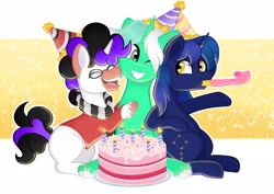 Size: 2048x1448 | Tagged: safe, artist:balychen, imported from derpibooru, oc, oc only, oc:colarus, oc:shooting star, oc:vynarity, birthday, cake, food, hat, mucca, not lyra, party hat, party horn, simple background, unshorn fetlocks