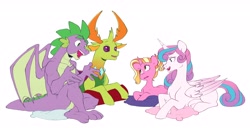 Size: 4096x2100 | Tagged: safe, artist:chub-wub, imported from derpibooru, luster dawn, princess flurry heart, spike, thorax, alicorn, changedling, changeling, dragon, pony, unicorn, alternate hairstyle, female, gigachad spike, king thorax, lying down, male, mare, older, older flurry heart, older spike, open mouth, pillow, prone, simple background, white background, winged spike, wings