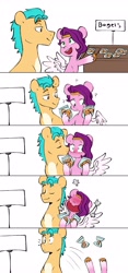 Size: 1922x4096 | Tagged: safe, artist:chub-wub, imported from derpibooru, hitch trailblazer, pipp petals, earth pony, pegasus, pony, adorapipp, adorkable, bag, bagel, blushing, blushing profusely, bread, cheek kiss, comic, cute, dork, duo, eyes closed, faint, female, flustered, food, g5, high res, hitchbetes, hitchpipp, kissing, male, mare, markings, my little pony: a new generation, no eyes, open mouth, question mark, shipping, smooth, stallion, store, straight, surprise kiss, unshorn fetlocks, volumetric mouth