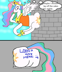 Size: 1000x1175 | Tagged: safe, artist:goofermutt, imported from derpibooru, princess celestia, alicorn, pony, body writing, butt, castle, implied princess luna, large butt, plot, stuck, sunbutt, the ass was fat, thought bubble