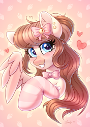 Size: 2480x3508 | Tagged: safe, artist:dandy, imported from derpibooru, oc, oc only, oc:strawberry milk, pegasus, pony, blushing, bow, bowtie, bust, clothes, ear fluff, female, hair bun, heart, heart eyes, high res, looking at you, smiling, socks, solo, wingding eyes